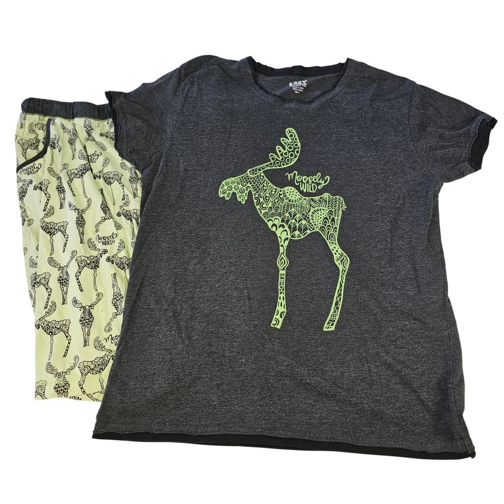 Lazy One Moosely Wild Pajama Set Women's Large Gray Green Cotton Tee Shorts PJs